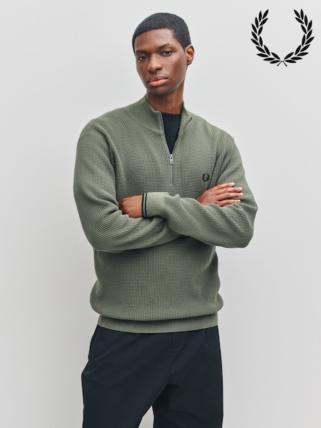 Fred Perry Green Waffle Stitch Half Zip Jumper (F57047) | €191