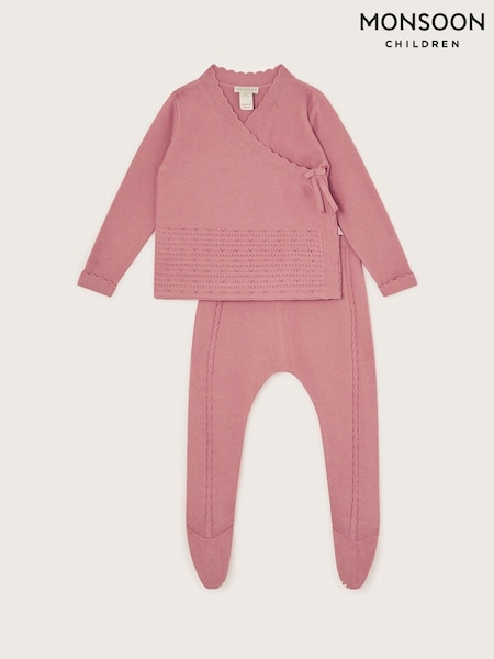 Monsoon Pink Newborn Knit 100% Cotton Cardigan and Leggings Set (F57139) | R660