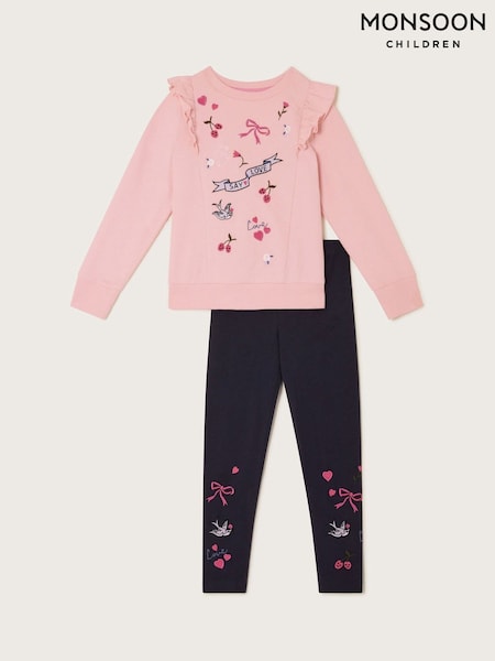 Monsoon Pink Love Embroidered 100% Cotton Jumper and Leggings Set (F57168) | €54 - €61