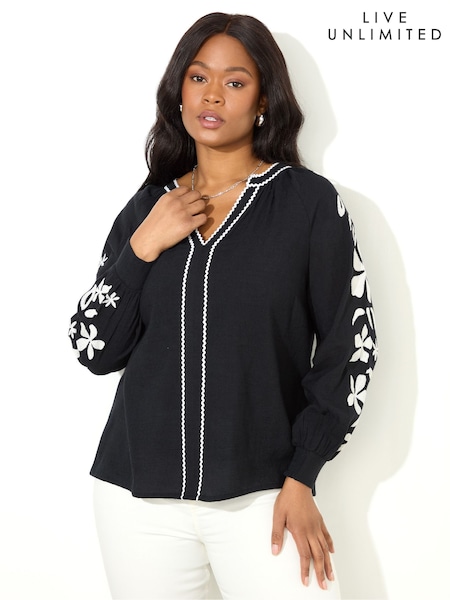Live Unlimited Black Curve Embroidered Relaxed Blouse (F57187) | $131