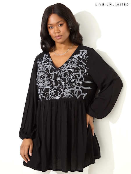 Live Unlimited Black Petite Curve Embroidered Viscose Crinkle Tunic (F57204) | $131