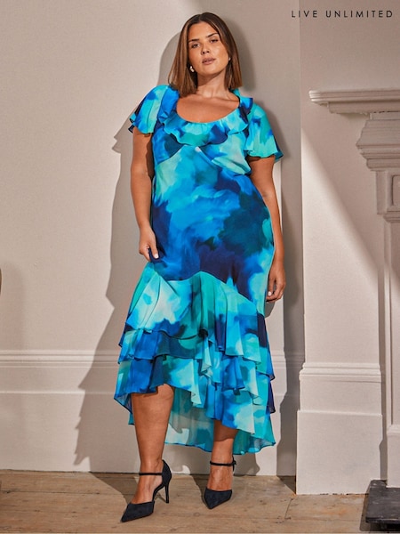 Live Unlimited Blue Curve Floral Scoop Neck Ruffle Dress (F57210) | $295