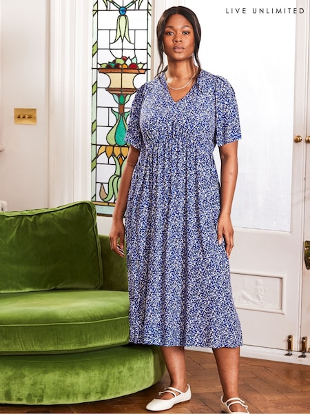 Live Unlimited Blue Curve Ditsy Angel Sleeve Midi Dress (F57218) | €113