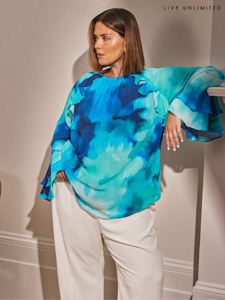 Live Unlimited Blue Curve Blue Floral Printed Frill Blouse (F57243) | €105