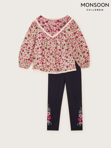 Monsoon Red Floral Woven Blouse and Leggings Set (F57259) | ₪191 - ₪216