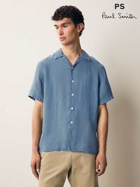 Синий - PS Paul Smith Casual Fit 100% Linen Short Sleeve Shirt (F57368) | €179