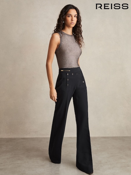 Reiss Navy Sidney Petite Button-Detail Wide-Leg Trousers (F57551) | €134