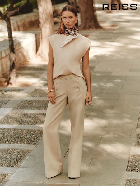 Reiss Neutral Sidney Button-Detail Wide-Leg Trousers (F57556) | €134
