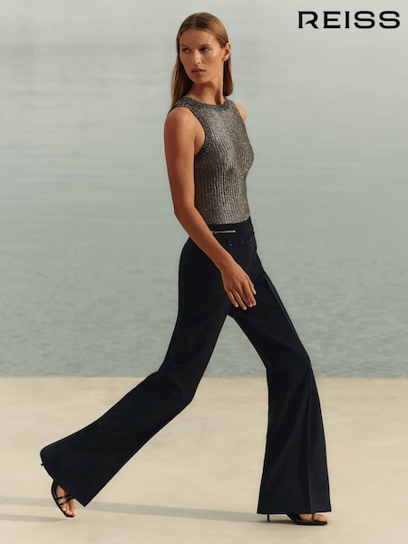 Reiss Navy Sidney Button-Detail Wide-Leg Trousers (F57564) | €134