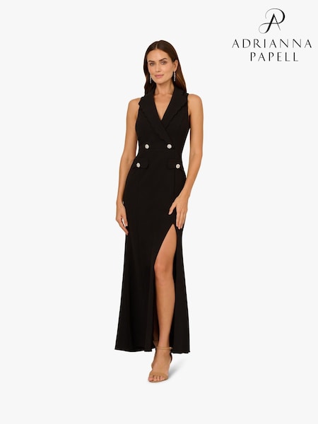 Adrianna Papell Scallop Tuxedo Black Gown (F57866) | $424