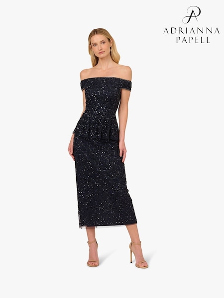 Adrianna Papell Blue Bead Mesh Peplum Dress (F57867) | €409