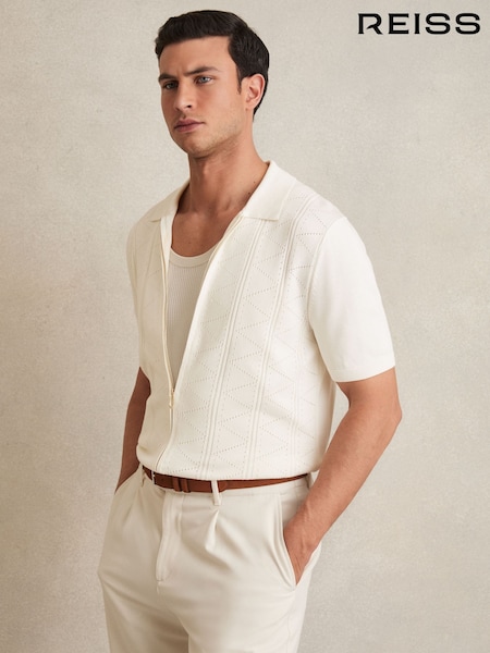 Reiss White Tay Pointelle-Knit Zip-Through Shirt (F57905) | €160