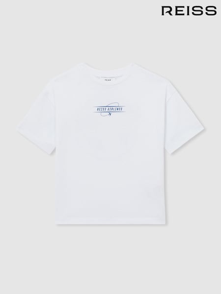 أبيض/أزرق - Reiss Ivan Oversize Cotton Airlines-Print T-Shirt (F57910) | ‏173 د.إ.‏