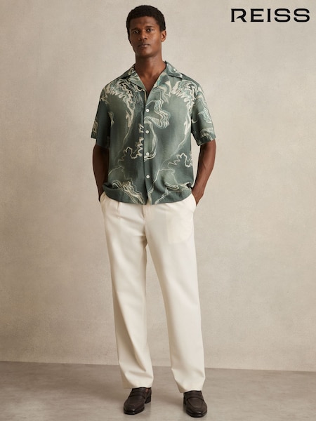 Reiss Sage Green Marble Print Cuban-Collar Shirt (F57919) | €160