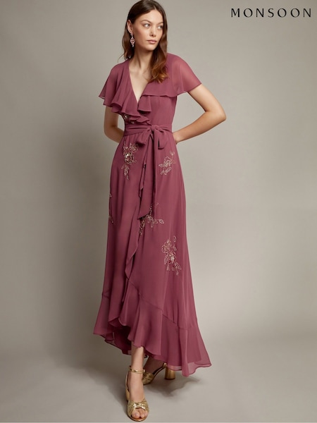 ורוד - Monsoon Ausha Floral Embellished Maxi Wrap Dress (F57921) | ‏754‏₪