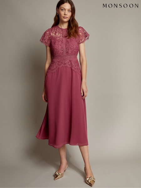 Monsoon Pink Monica Lace Midi Dress (F57930) | €179
