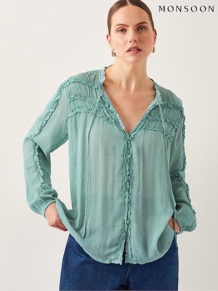 Monsoon Green Juliet Sheer Texture Ruffle Blouse (F57931) | ₪297