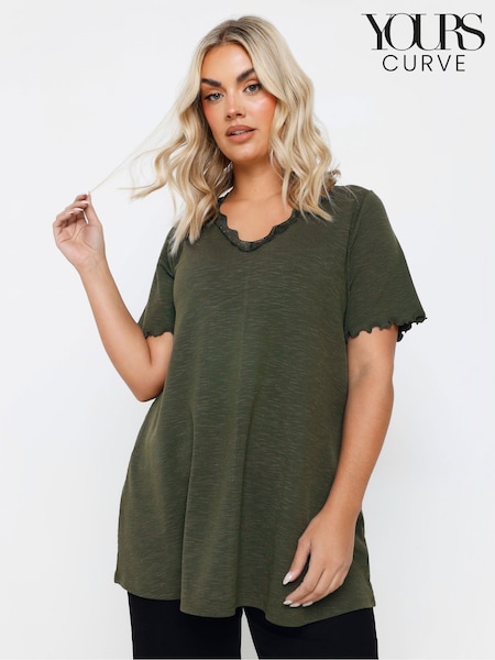 Yours Curve Green Slub Sleeve Lace Insert T-Shirt (F58239) | €28