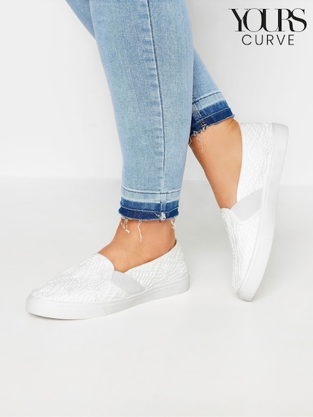 Yours Curve White Wide Fit Broderie Anglaise Slip-On Trainers (F58272) | €42