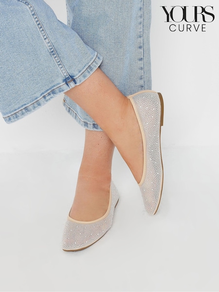 Vaalea beige - Yours Curve Leveä lesti Mesh Diamante Ballet Tossut (F58275) | €49