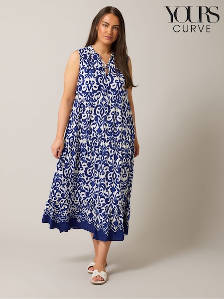 Yours Curve Blue Tiered Tie Neck Sundress (F58291) | R$ 495