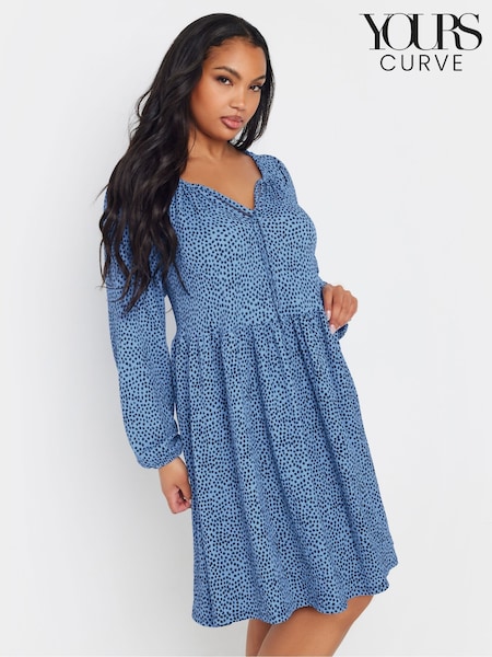 Yours Curve Blue Dot Tie Neck Dress (F58293) | €49