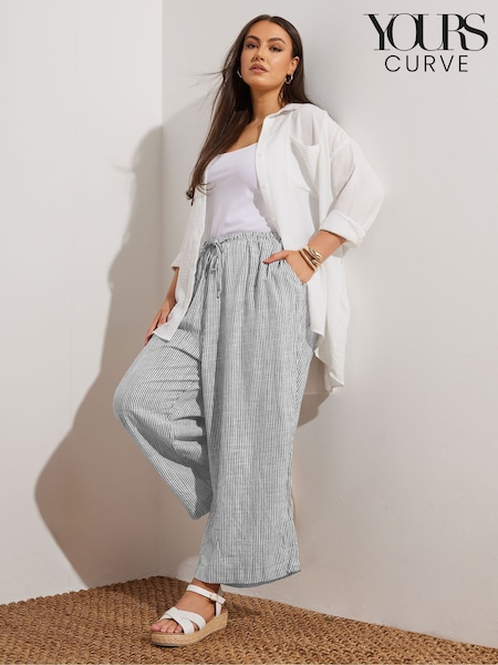 Yours Curve Grey Linen Cropped Wide Leg Skinny Waist Trousers (F58305) | kr443