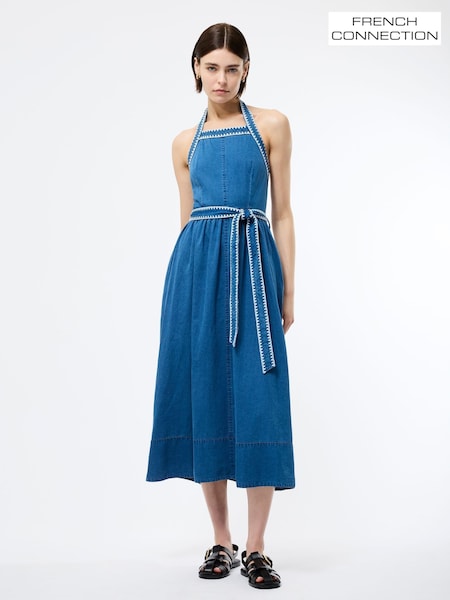 French Connection Blue Zaves Chambray Halter Neck 100% Cotton Dress (F58530) | €126