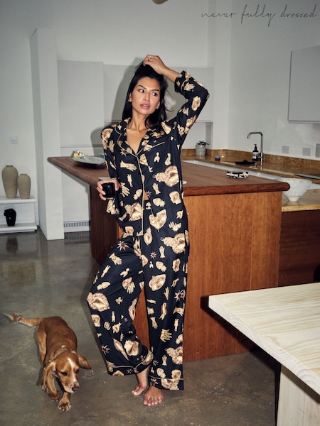 Never Fully Dressed Black/Gold Charm Satin Button Through Pyjamas (F58563) | €78