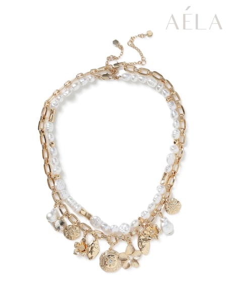 Aela Gold Tone Pearl Effect Flower Charm Layered Necklace (F58623) | €50