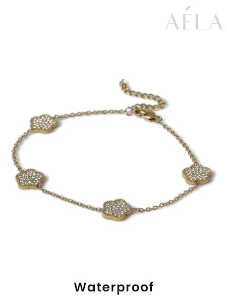 Aela Gold Tone Waterproof Stainless Steel Pave Flower Anklet (F58629) | ‏126‏₪