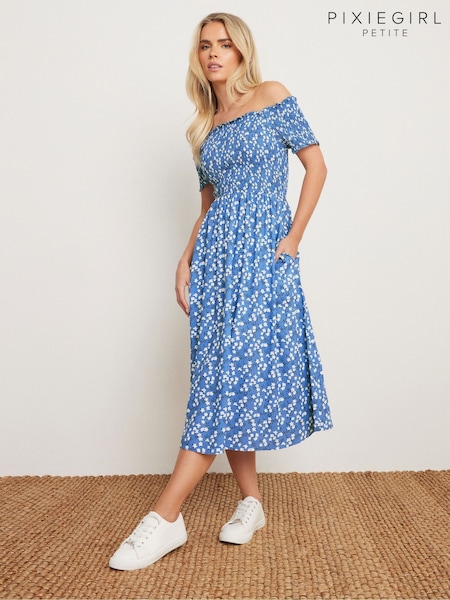 PixieGirl Petite Blue Ditsy Bardot Midi Dress (F58715) | $67