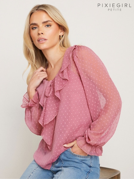 PixieGirl Petite Pink Dobby Frill Long Sleeve Blouse (F58728) | AED169