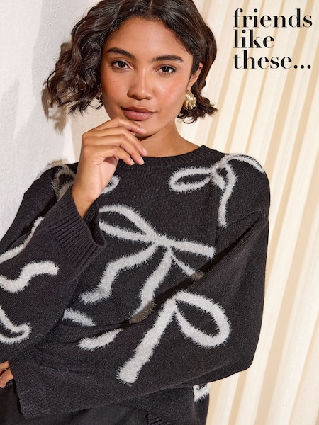 Friends Like These Black All Over Tinsel Bow Christmas Jumper (F58790) | €48