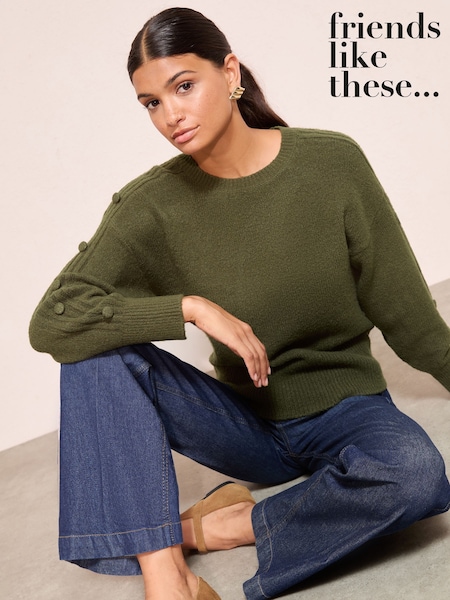 Friends Like These Olive Green Button Sleeve Detail Jumper (F58870) | €43