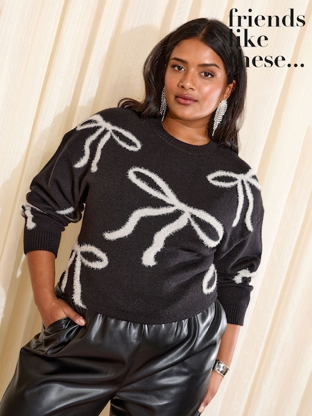 Friends Like These Black All Over Tinsel Bow Curve Christmas Jumper (F58924) | €48