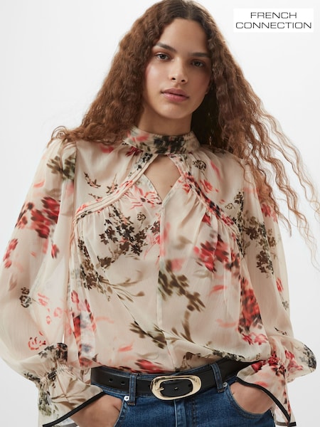 French Connection Cream Hallie Crinkle Contrast Top (F58970) | ₪327