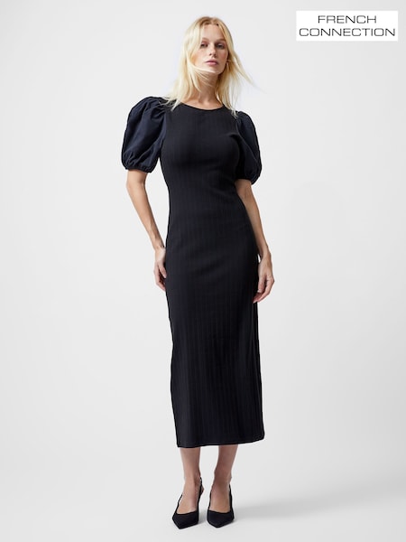 French Connection Black Sasia Rib Puff Midi Dress (F58992) | ₪297