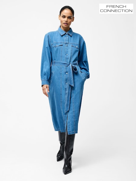 French Connection Blue Zaves Chambray Denim 100% Cotton Dress (F59015) | R$ 980