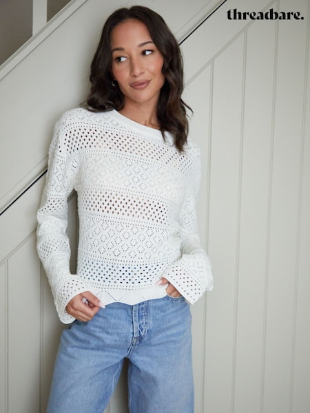 Valkoinen - Threadbare Pitkä hiha Pointelle Virkkaus Neulepusero (F59077) | €44