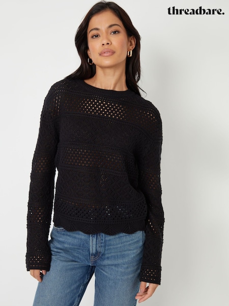 Musta - Threadbare Pitkä hiha Pointelle Virkkaus Neulepusero (F59079) | €44