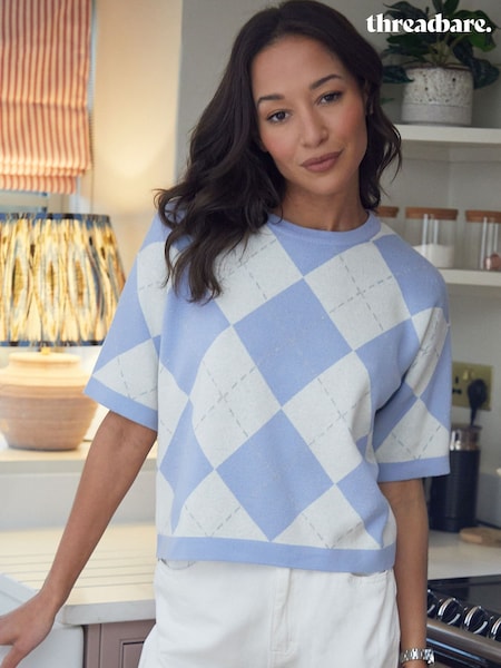 Threadbare Blue 100% Cotton Argyle Short Sleeve Knitted T-Shirt (F59091) | kr371