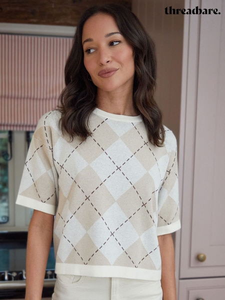 Threadbare Natural 100% Cotton Argyle Short Sleeve Knitted T-Shirt (F59100) | kr371