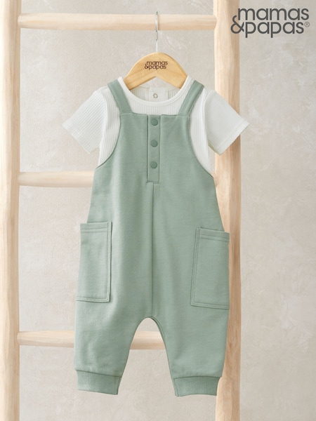 Mamas & Papas Green Rib Jersey Bodysuit & Dungaree Set (F59129) | €44
