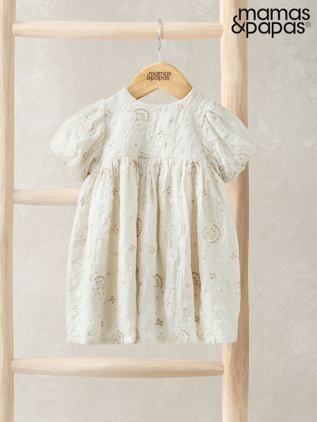 Mamas & Papas Cream Embroidered Puff Sleeve Dress (F59131) | 335 LEI
