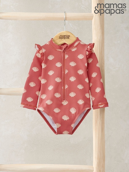Mamas & Papas Red Shell Print Long Sleeve Swimsuit (F59141) | CA$63