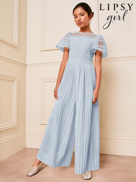 Blue - Lipsy Flutter Sleeve Lace Occasion Jumpsuit (5-16yrs) (F59280) | €87 - €101
