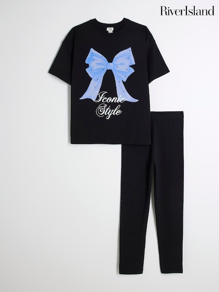 River Island Black Girls Diamante Bow T-Shirt and Leggings Set (F59285) | €31