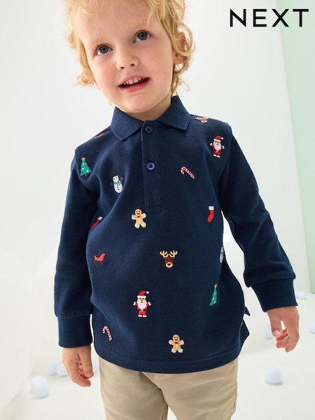 Navy Christmas All-Over Embroidered Long Sleeve Polo Shirt (3mths-7yrs) (F59441) | €17 - €20