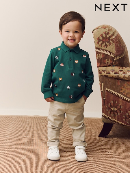 Green Woodland All-Over Embroidered Long Sleeve Polo Shirt (3mths-7yrs) (F59444) | R$ 120 - R$ 135